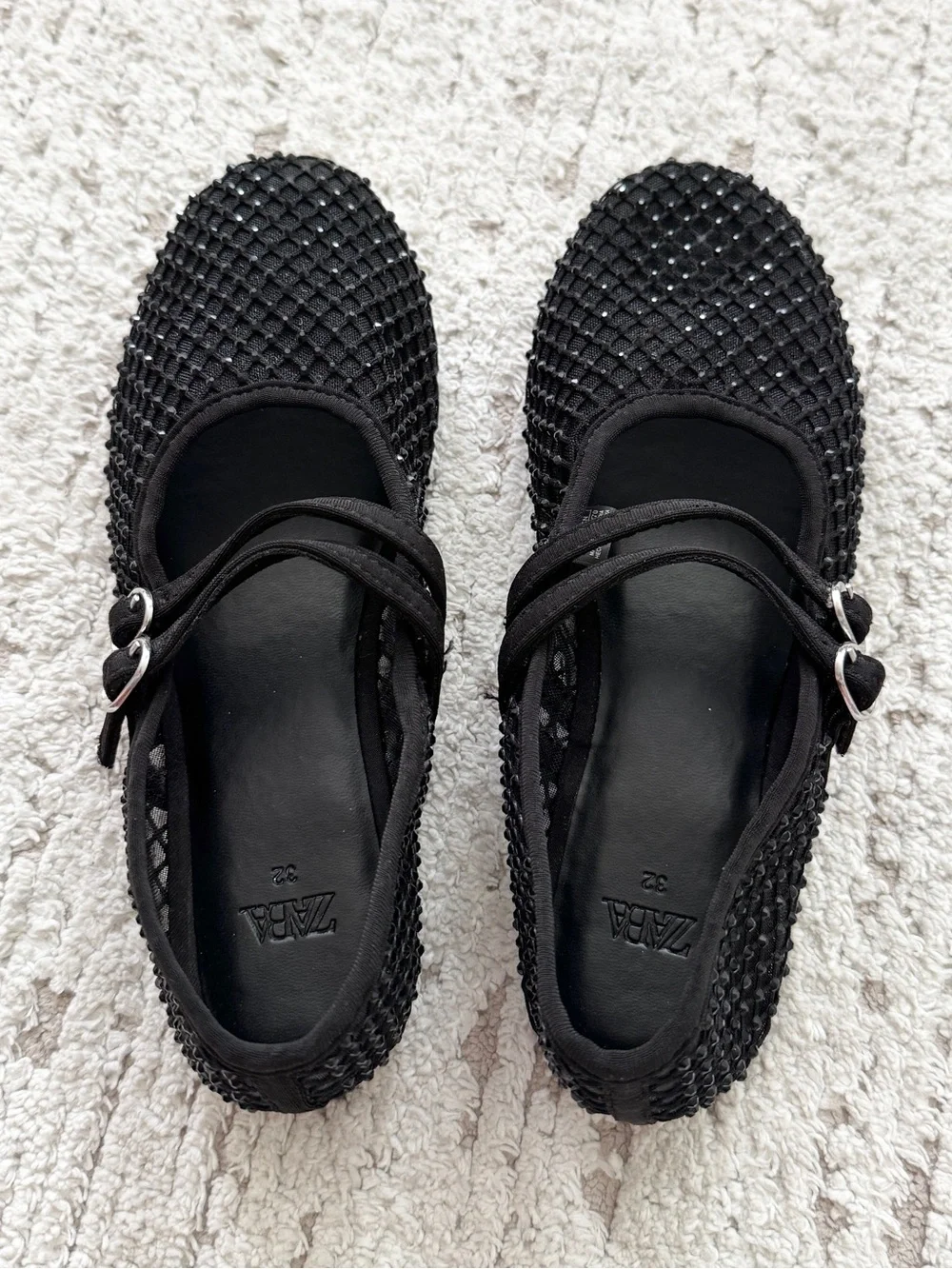 Zara Black Beaded Double-Strap Mary Jane Flats